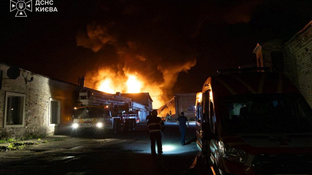 Firefighters work at a compound of a warehouse hit by an overnight missile strike, amid Russia's attack on Ukraine, in Kyiv, Ukraine August 11, 2026. Press service of the State Emergency Service of Ukraine in Kyiv city/Handout via REUTERS ATTENTION EDITORS - THIS IMAGE HAS BEEN SUPPLIED BY A THIRD PARTY. DO NOT OBSCURE LOGO.