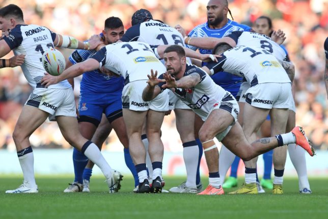 LONDON, ENGLAND - NOVEMBER 12: Michael McIlorum of England in action during the Rugby League World Cup Semi-Final match between England and Samoa at Emirates Stadium on November 12, 2022 in London, England. (Photo by Henry Browne/Getty Images for RLWC)