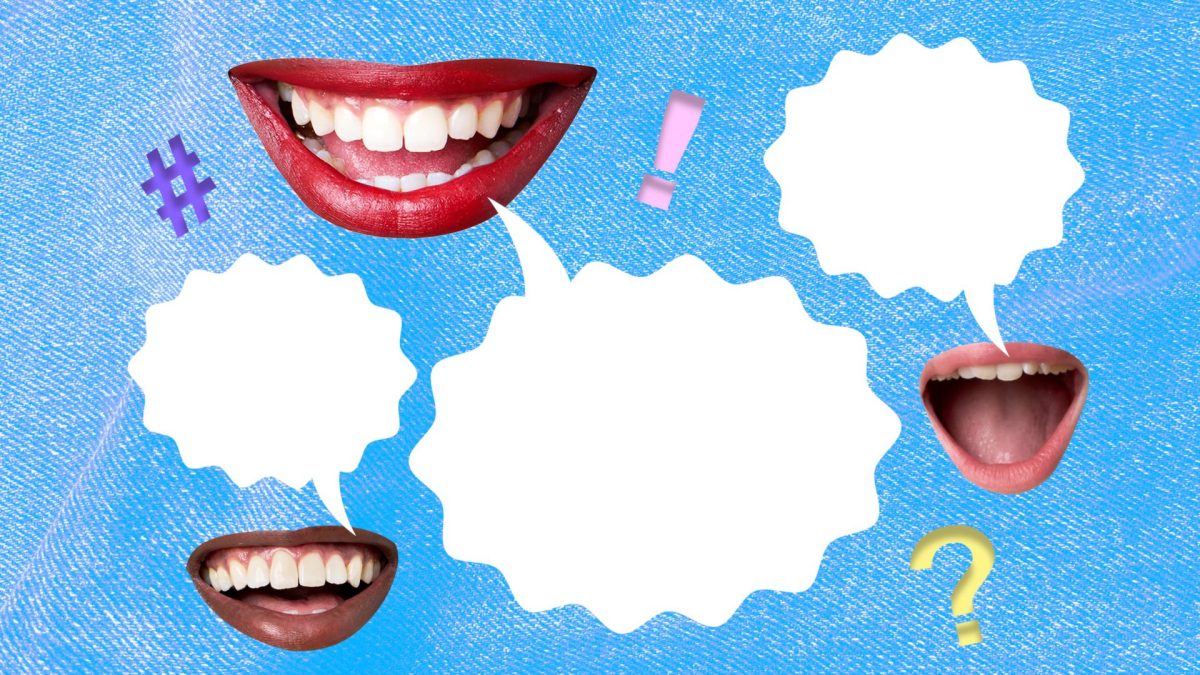 Collage of mouths, speech bubbles and grammar symbols on blue background