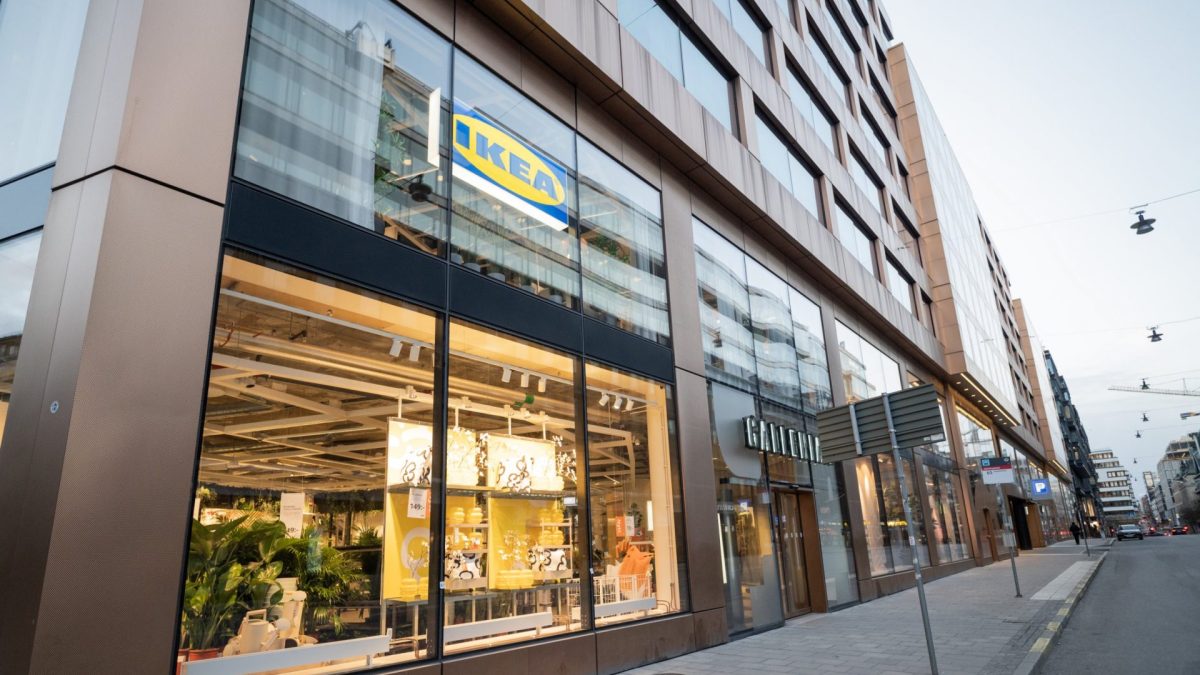 April 24, 2025 Stockholm Sweden, exterior view of Ikea building on the street in the city center with shop windows