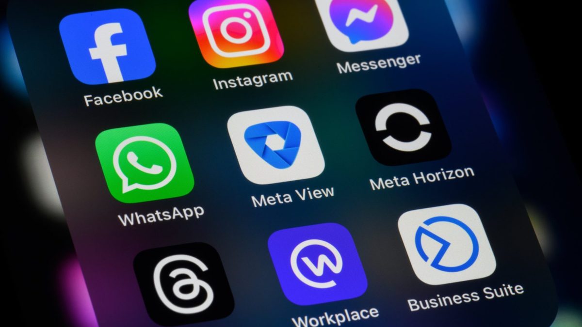 Toronto, Canada - December 5, 2024: Meta Platforms apps on a smartphone - Facebook, Instagram, Messenger, WhatsApp, Meta View, Meta Horizon, Threads, Workplace, Business Suite.