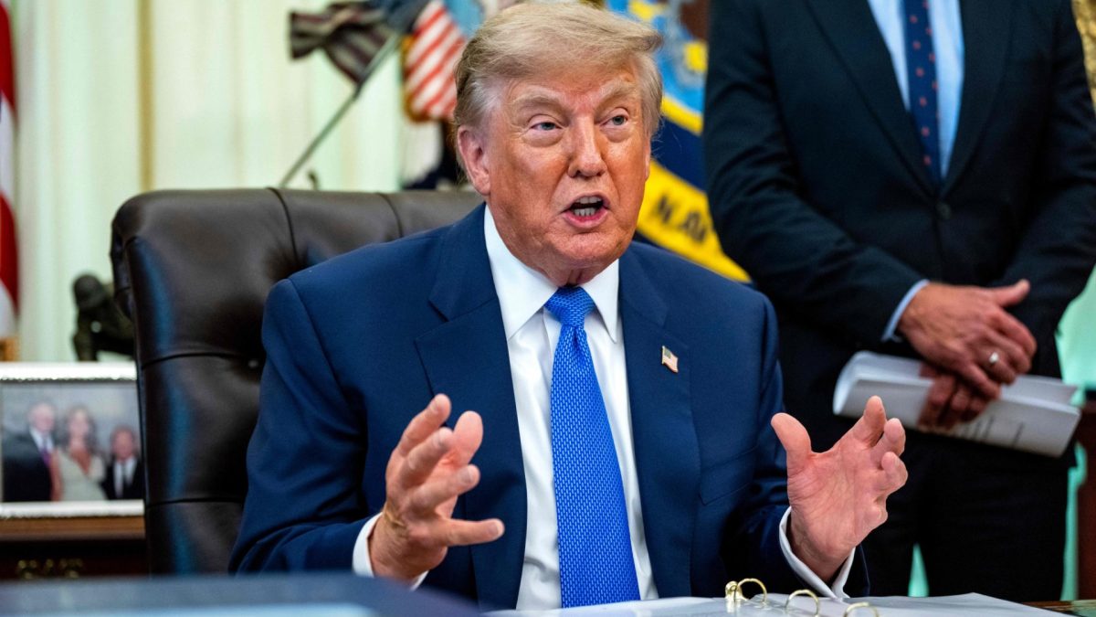 US President Donald Trump during an executive order signing in the Oval Office of the White House in Washington, DC, US, on Monday, Aug. 10, 2026. President Donald Trump is expected to sign an executive order Monday that would recommend breaking up the combined measles, mumps and rubella vaccine into three separate shots and unilaterally overhauling the national childhood vaccination recommendations. Photographer: Bonnie Cash/UPI/Bloomberg via Getty Images