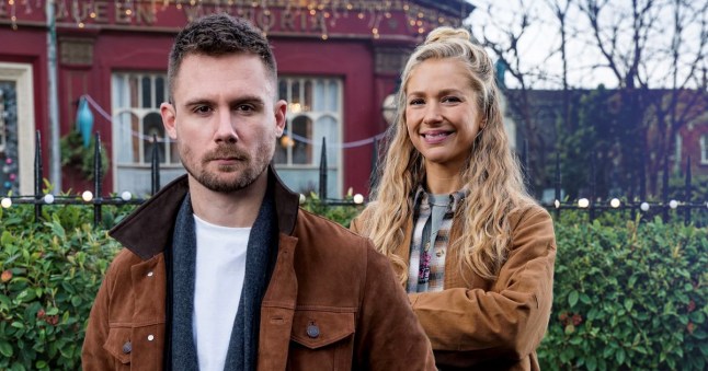 A composite image of Lee and Nancy Carter in front of a Queen Vic backdrop