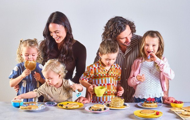 Rosie Wicks (back left), Joe Wicks (back right) and their four children (front L-R): Leni, Dusty, Marley and Indie