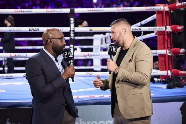Stratford, UK: Tony Bellew and DAZN Presenter Ade Oladipo in the DAZN Studio during todays Matchroom Boxing event at the Copper Box Arena, 17 May 2025 Picture By Mark Robinson Matchroom Boxing