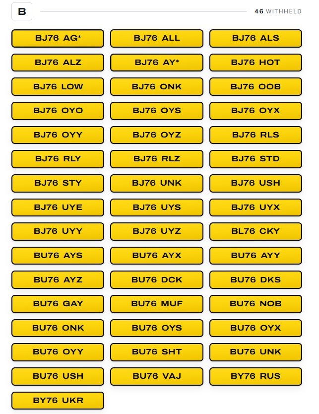 The DVLA has banned more than 500 new '76' number plates before they even reach Britain's roads amid concerns they could cause offence or make controversial statements. https://www.thisismoney.co.uk/money/cars/article-16085159/Banned-76-car-number-plates-500-outlawed-rude-offensive-road-including-SH76-TTY-GO76-WAR.html