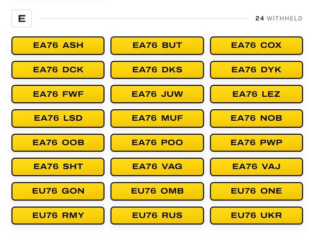 The DVLA has banned more than 500 new '76' number plates before they even reach Britain's roads amid concerns they could cause offence or make controversial statements. https://www.thisismoney.co.uk/money/cars/article-16085159/Banned-76-car-number-plates-500-outlawed-rude-offensive-road-including-SH76-TTY-GO76-WAR.html