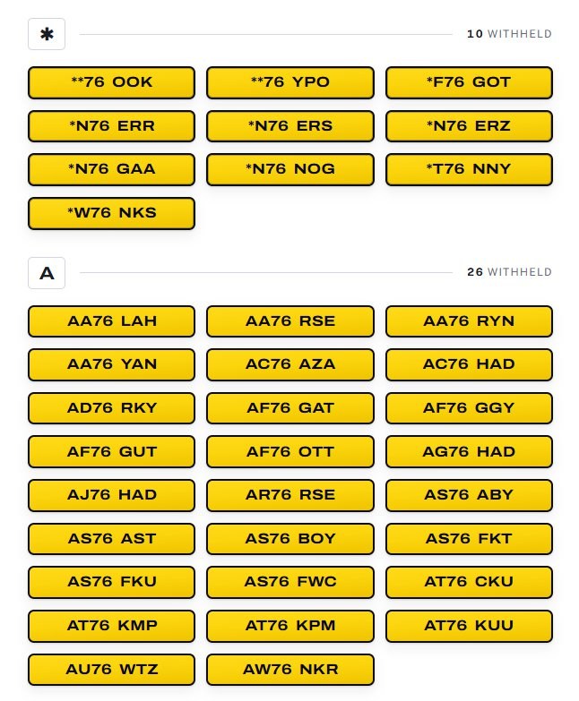 The DVLA has banned more than 500 new '76' number plates before they even reach Britain's roads amid concerns they could cause offence or make controversial statements. https://www.thisismoney.co.uk/money/cars/article-16085159/Banned-76-car-number-plates-500-outlawed-rude-offensive-road-including-SH76-TTY-GO76-WAR.html