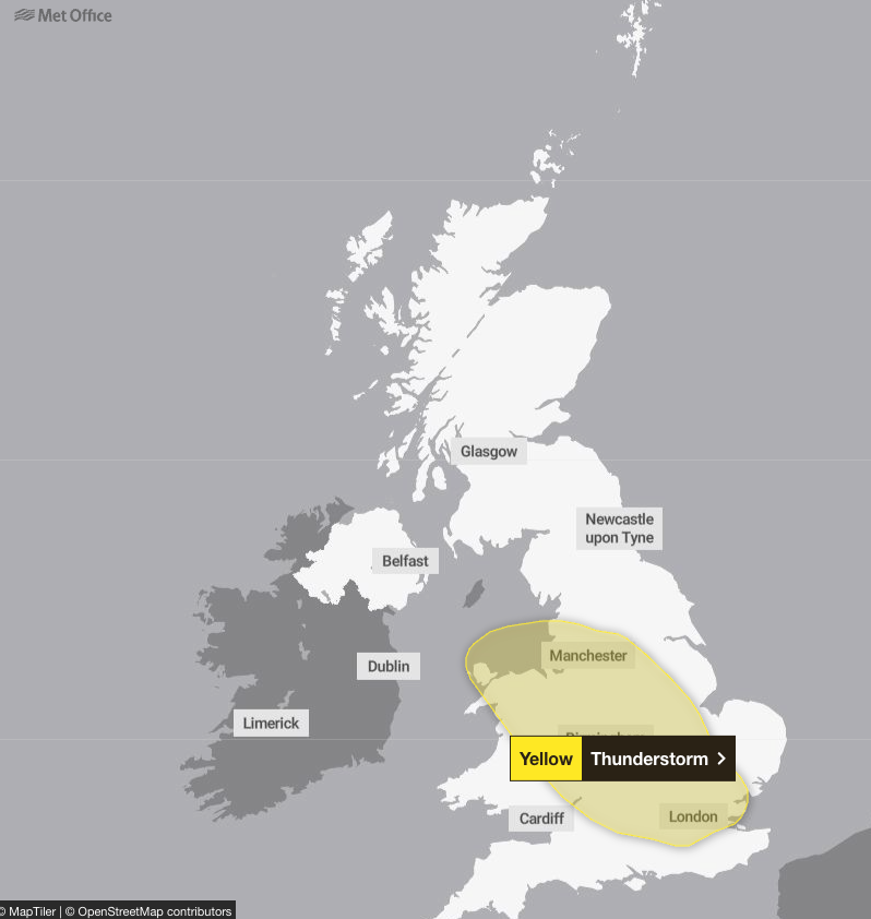 A thunderstorm warning is in place across England and Wales today