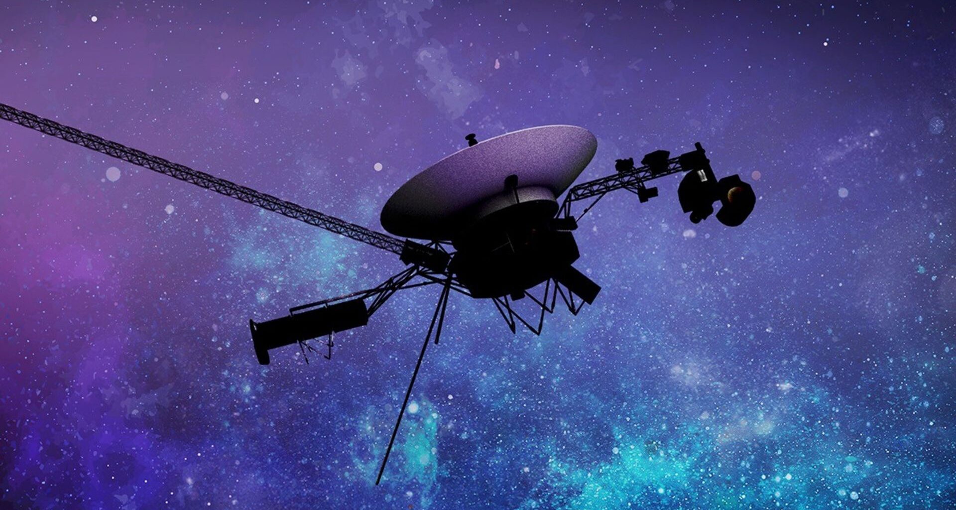 A small space probe floating above a purple and blue starry background