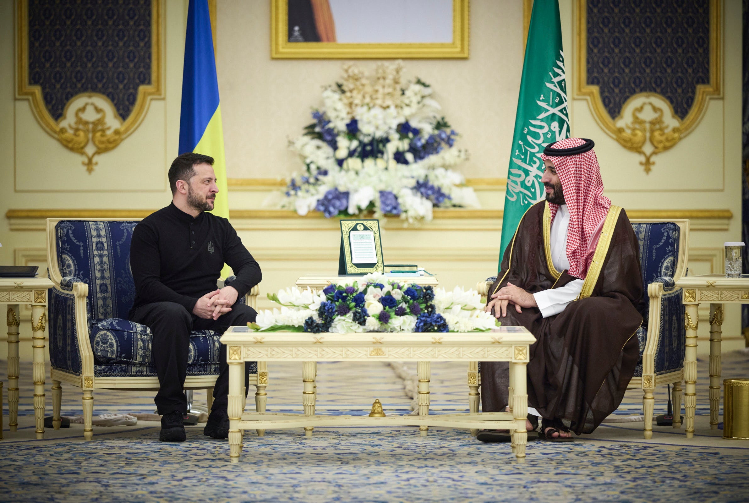 A handout photo made available by Ukraine's Presidential Press Service on 11 March 2025 shows Ukrainian President Volodymyr Zelensky (L) attending a meeting with Saudi Crown Prince and Prime Minister Mohammed bin Salman Al Saud (R) in Jeddah, Saudi Arabia, late 10 March 2025 (issued 11 March 2025).