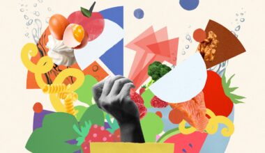 Colorful image showing a hand reaching up out of a bowl to pick from an array of colorful foods, including tomatoes, strawberries, salmon, broccoli, watermelon and pasta.