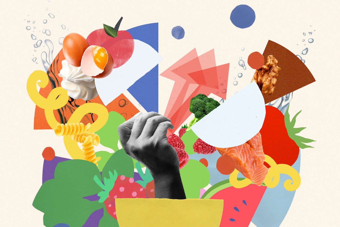 Colorful image showing a hand reaching up out of a bowl to pick from an array of colorful foods, including tomatoes, strawberries, salmon, broccoli, watermelon and pasta.