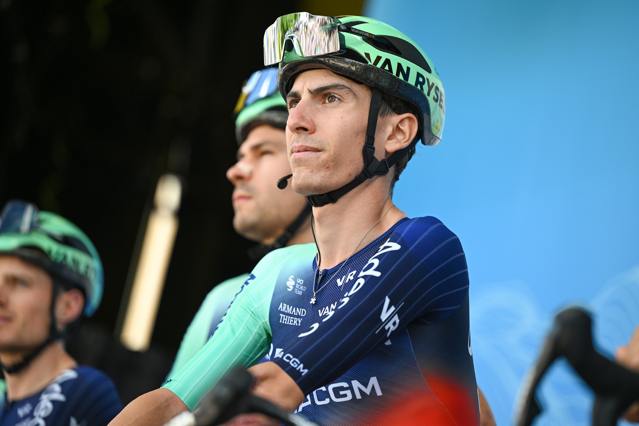 L&eacute;o Bisiaux on stage ahead of stage 5 of the Tour Auvergne-Rh&ocirc;ne-Alpes
