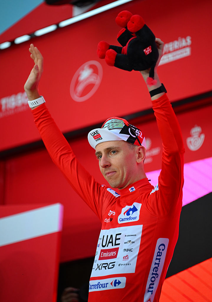 MONACO, MONACO - AUGUST 22: Tadej Pogacar of Slovenia and UAE Team Emirates XRG celebrates at podium as Red Leader Jersey winner during the La Vuelta - 81st Tour of Spain 2026, Stage 1 a 9.4km individual time trial stage from Monaco to Monaco / #UCIWT / on August 22, 2026 in Monaco, Monaco. (Photo by Tim de Waele/Getty Images)