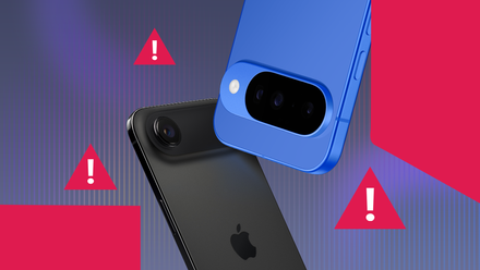 A blue Google Pixel 10 and a black iPhone Air, with several warning signs around them.