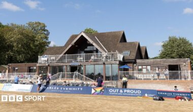 Shot of the pavilion at Middlesex CCC's Radlett ground, with parched grass in foreground
