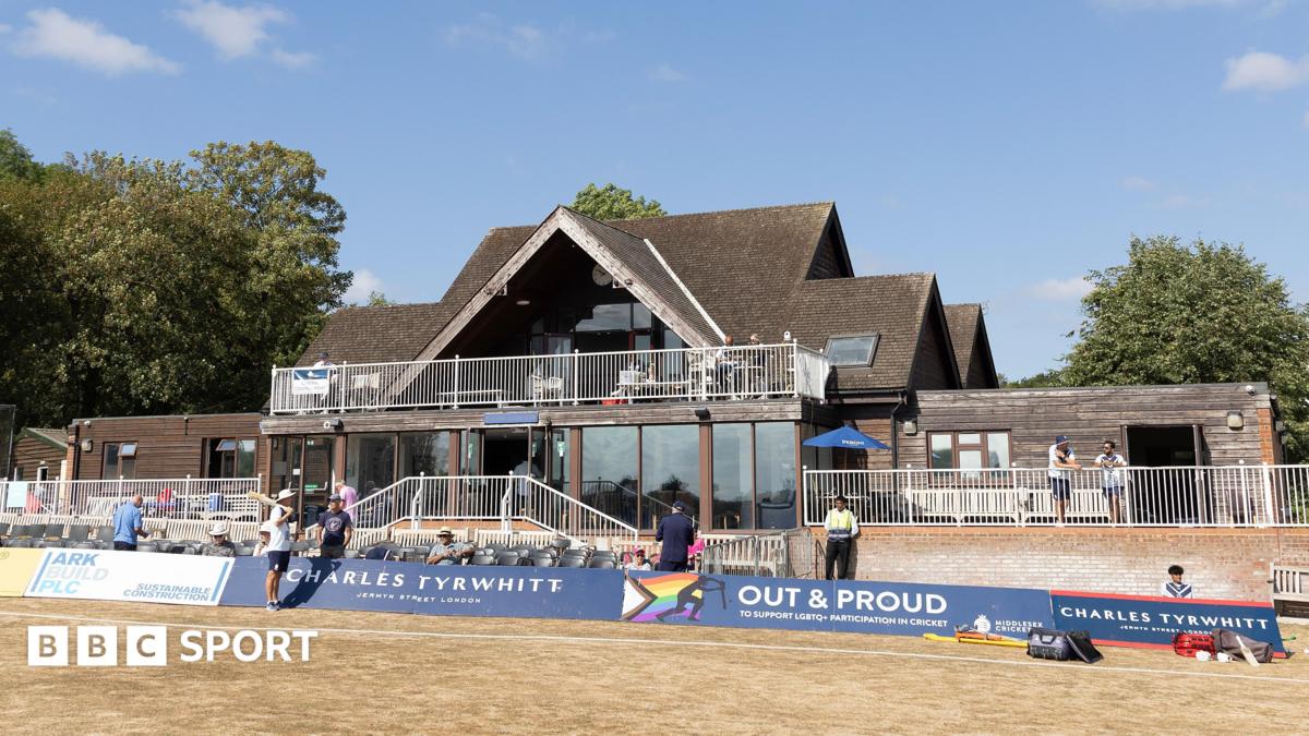 Shot of the pavilion at Middlesex CCC's Radlett ground, with parched grass in foreground