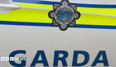 The image depicts the side of a white An Garda Síochána, Irish police force, car with the words garda written in blue capital letters. Above the word are blue and yellow lines with the crest of the organisation also visible in the middle of the lines.