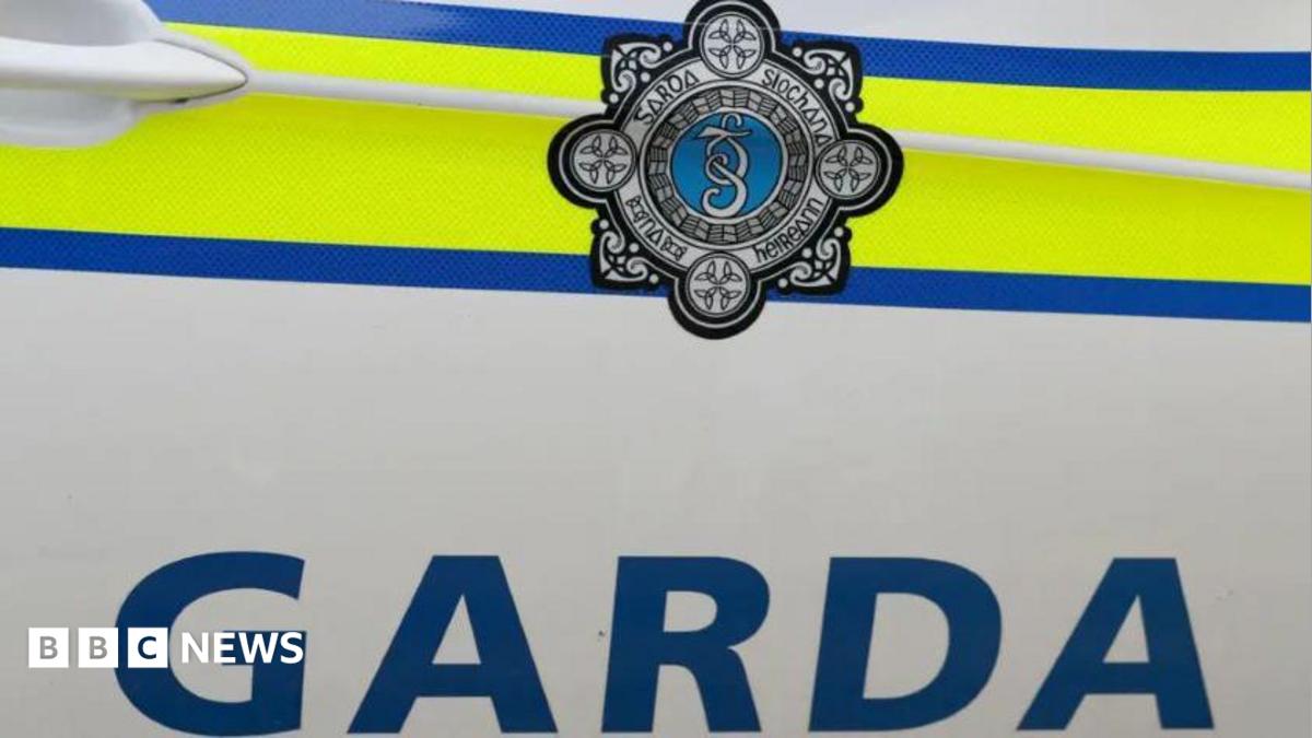 The image depicts the side of a white An Garda Síochána, Irish police force, car with the words garda written in blue capital letters. Above the word are blue and yellow lines with the crest of the organisation also visible in the middle of the lines.