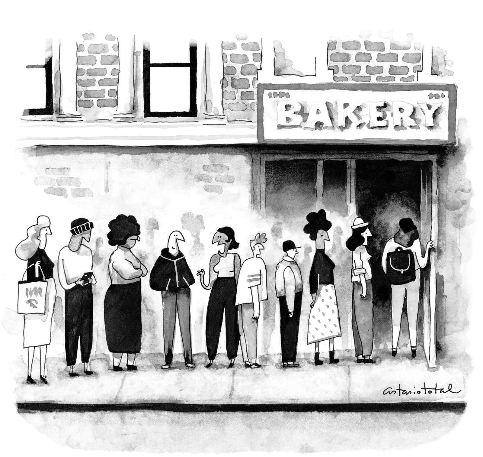People standing in line outside bakery.