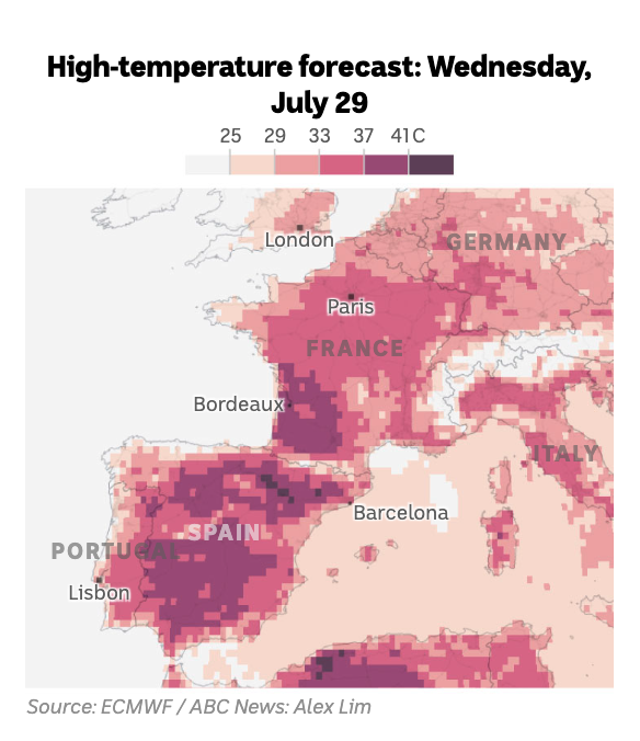 Temperature map of Europe showing red.