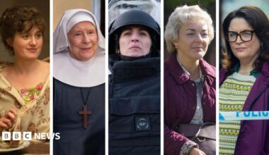A five-way split image of actors Ella Bruccoleri, Judy Parfitt, Vicky McClure, Sheridan Smith and Ruth Jones all performing separately in their NTA nominated roles