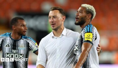 Matthias Jaissle with Joelinton after their pre-season friendly win against Valencia at the Mestalla Stadium