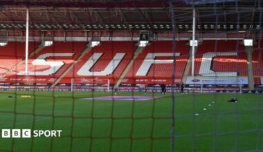 General view of the stadium interior prior to the Premier League match between Sheffield United and West Ham United at Bramall Lane with SUFC on the seats