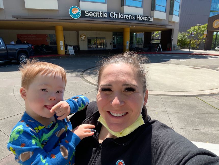 Alicia Roten with her son at Seattle Children’s Hospital in 2025.