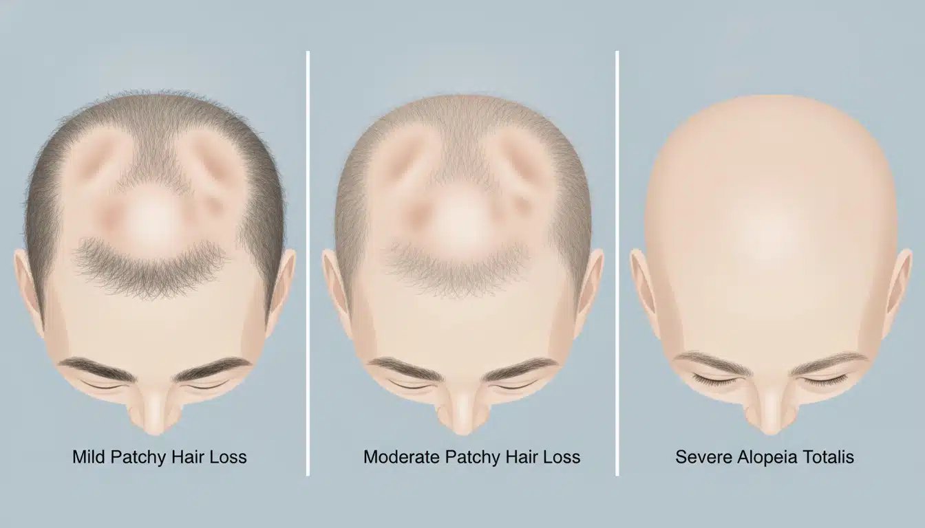 Medical illustration depicting three severity levels of alopecia areata: mild patchy loss, moderate patchy loss, and severe total scalp hair loss