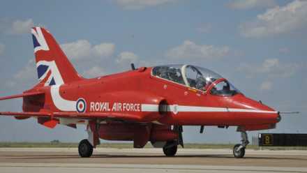 An aircraft assigned to the Royal Air Force Red Arrow taxi on the airfield at Naval Air Station Fort Worth Joint Reserve Base, Texas.-1