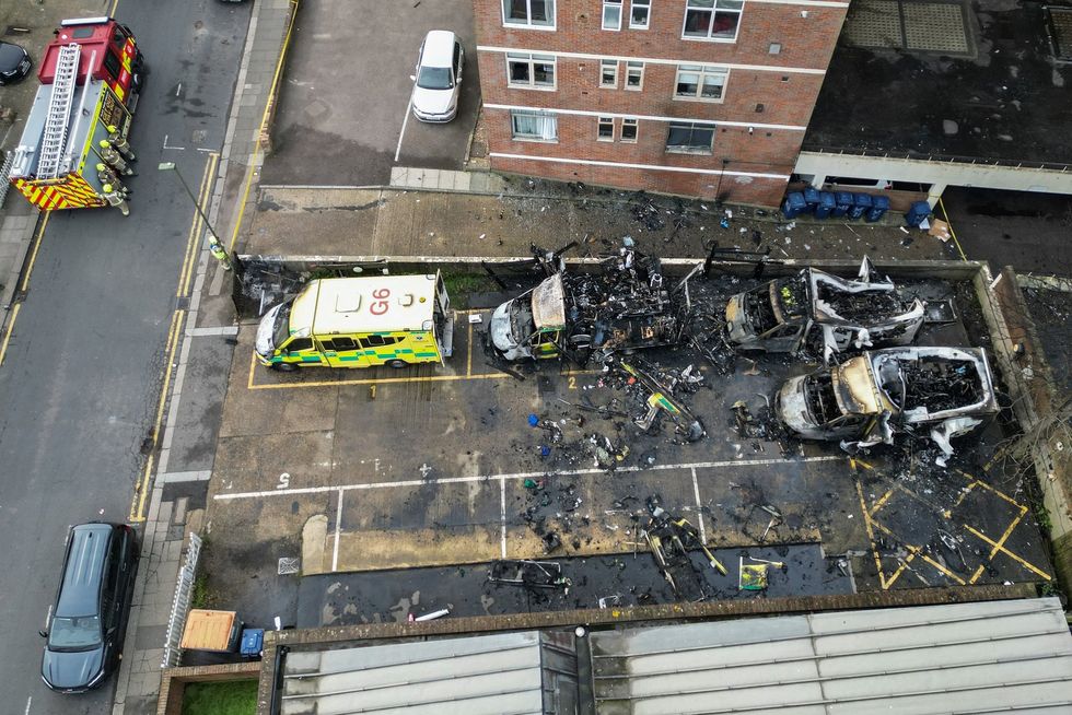 An ariel view of the arson attack which completely destroyed three volunteer ambulances