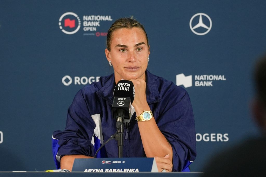 Aryna Sabalenka of Belarus attends a press conference ahead of her next match for the Women's Singles round of 64 match at the WTA Masters 1000 National Bank Open at Sobeys Stadium on Sunday, August 2, 2026, in Toronto, Canada. 