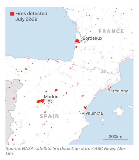 Map shows satellite data on fires detected across Spain and France. Large fires burned near Madrid and Bordeaux.