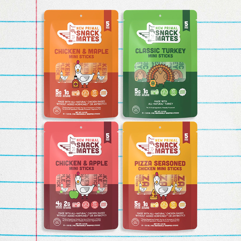 Colorful packaging of New Primal Snack Mates mini sticks in four flavors: Chicken & Maple, Classic Turkey, Chicken & Apple, Pizza Seasoned. Colorful packaging of New Primal Snack Mates mini sticks in four flavors: Chicken & Maple, Classic Turkey, Chicken & Apple, Pizza Seasoned.
