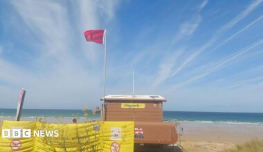 A picture of a beach with a large red flag flying.