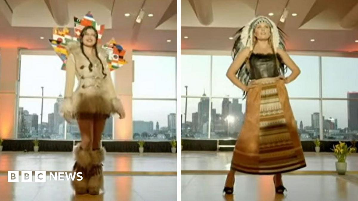 A split image of two women wearing costumes posing on a runway