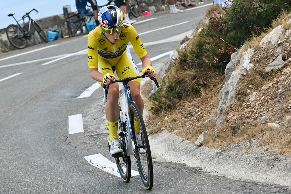 Demi Vollering wearing the overall leader&rsquo;s yellow jersey rides in a breakaway during the 9th and final stage of the fifth edition of the Women&rsquo;s Tour de France cycling race, 99.2 km from Nice to Nice, southeastern France on August 9, 2026. (Photo by NICOLAS TUCAT / AFP via Getty Images)