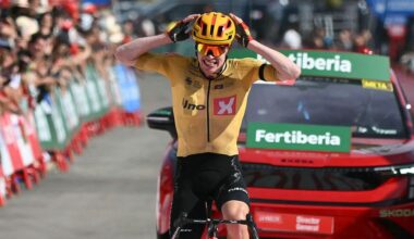 Team Uno-X's Norwegian rider Andreas Leknessund celebrates as he crosses the finish line to winthe seventh stage of the Vuelta a Espana 2026, a 149,8 km race between Vall d'Alba and Aramon Valdelinares on August 28, 2026. (Photo by JOSE JORDAN / AFP)