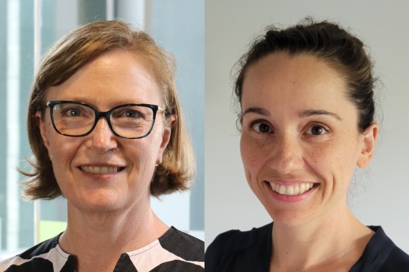 A composite image of two women, side by side, both look seriously at the camera.