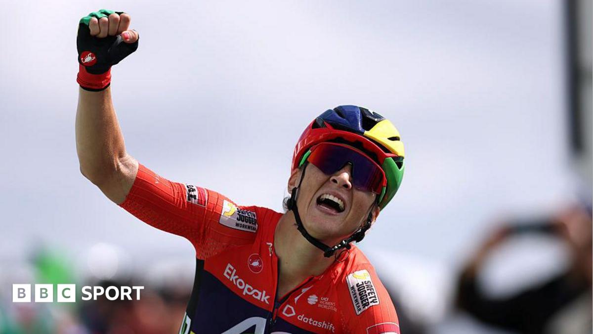 Kim Le Court celebrates winning stage 3 of the Tour of Britain Women