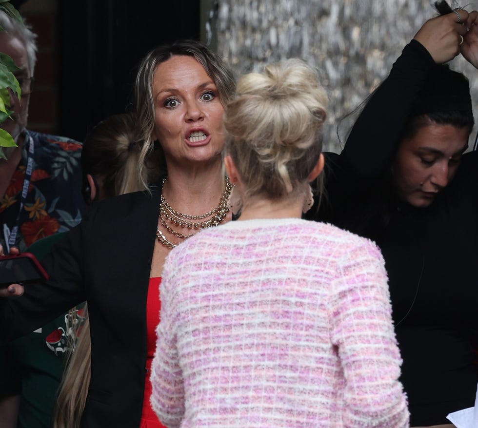 EMBARGOED 20/8/2026 1930 Charlie Brooks as Janine Butcher, Kellie Bright as Linda Carter, EastEnders filming charlie brooks as janine butcher arguing with linda carter played by kellie bright in eastenders set filming