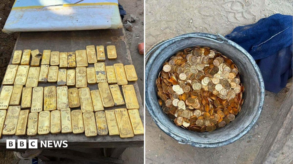Images of the gold bars and coins. The gold bars are lined up in rows on the left of the image, and the right side shows a metal bucket full of coins.