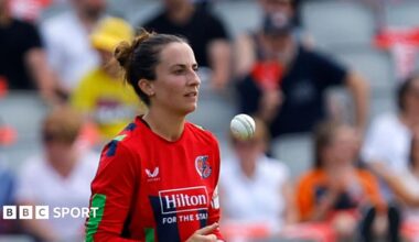 Fi Morris tossing the ball as she prepares to bowl for Lancashire