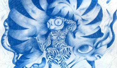 a graphite drawing by Alejandro Aguilar Canela depicting an abstracted form covered in floral patterns being engulfed by a large creature with tiger-like stripes