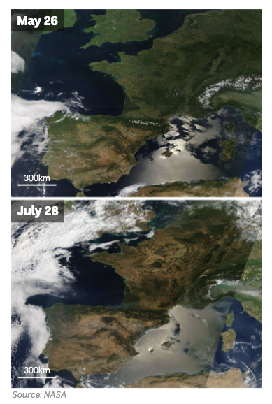 Satellite imagery shows green landscapes in France and Spain are now drier.