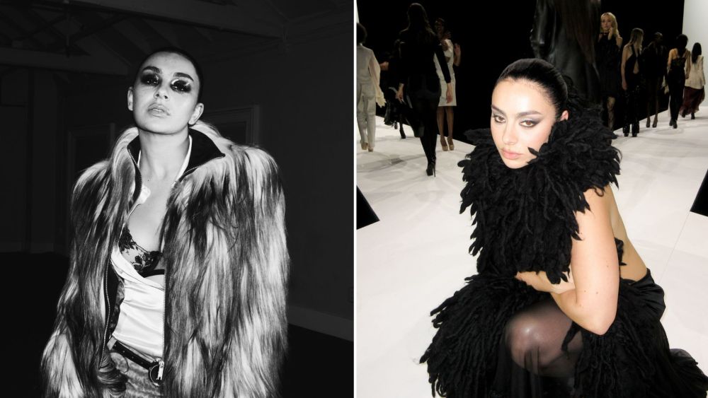 Stills from Charli XCX's "Rock Music" and "SS26" music videos for her album "Music, Fashion, Film."