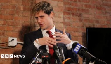 Yiannopoulos seen holding a news conference in 2017