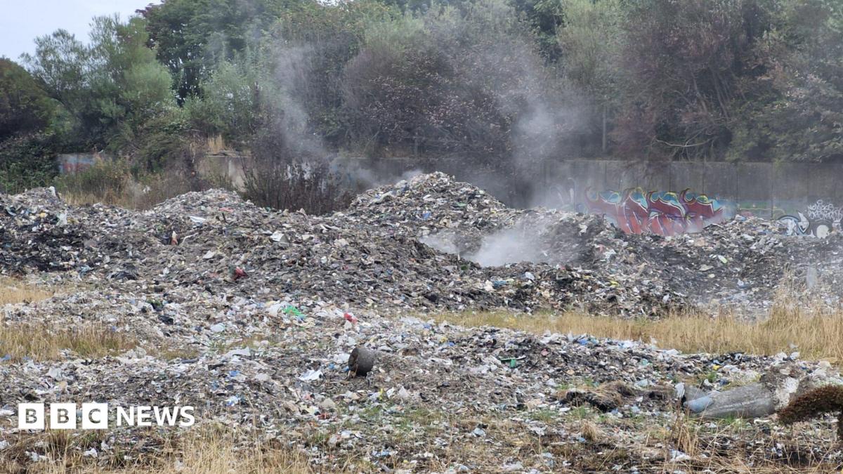An image of a large pile of industrial waste in a field. The waste has small plumes of smoke coming from it, having recently been extinguished by fire crews.